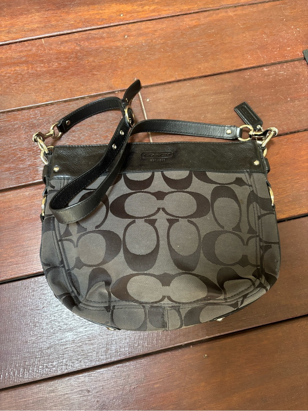 COACH Zoe Signature Black/Gray Hobo Bag Jacquard ZIP Buckle Canvas & Leather
